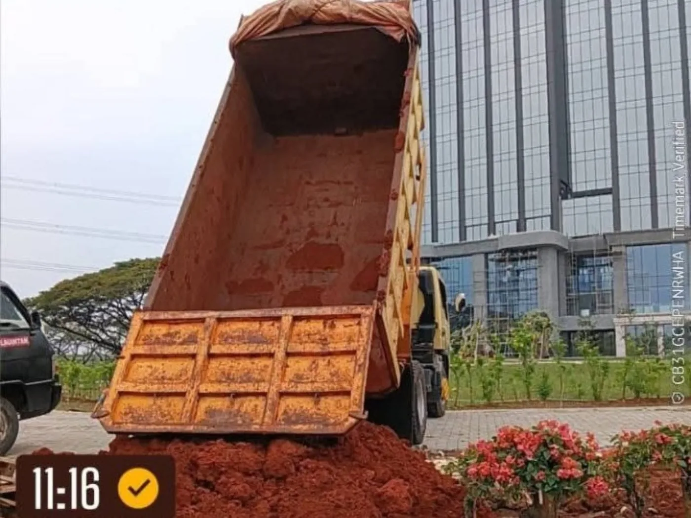 Dump truck menurunkan tanah merah untuk pekerjaan pengurugan